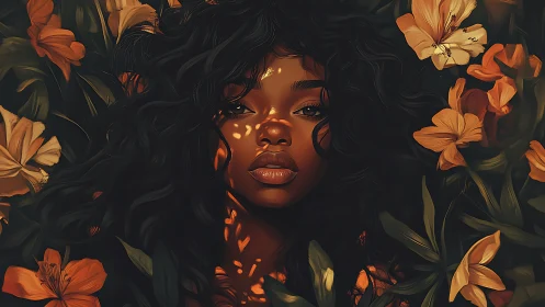 Portrait of luminous woman framed by vivid orange lilies.