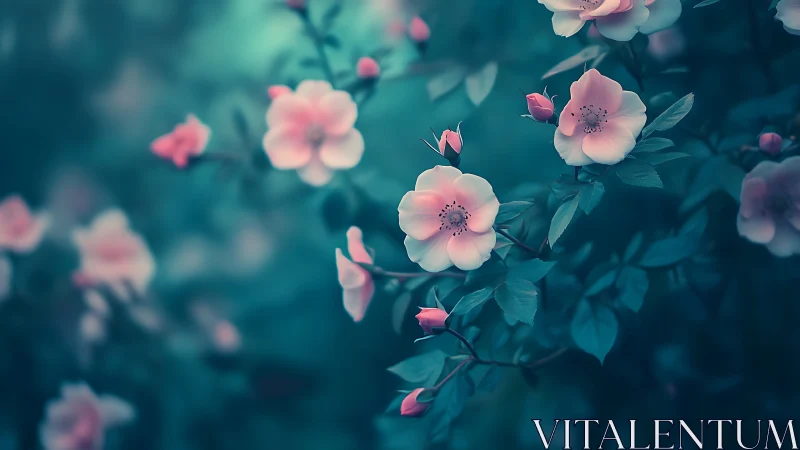 Pink blooms against teal foliage in soft focus garden.