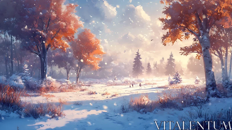 Snow-kissed autumn forest drifts softly into glowing winter