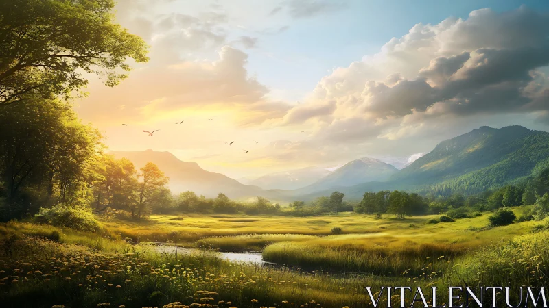 Golden valley sunrise over misty river and forested hills.