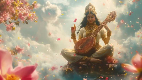Celestial veena muse drifting through clouds and petals.