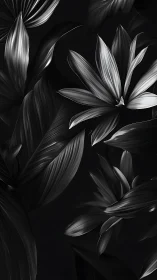 Monochrome tropical foliage pattern on black background.