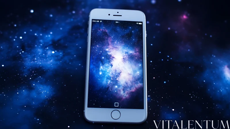 Smartphone screen mirrors luminous deep space galaxy scene