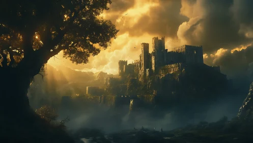 Ruined stone castle on cliff at dramatic golden sunset sky.