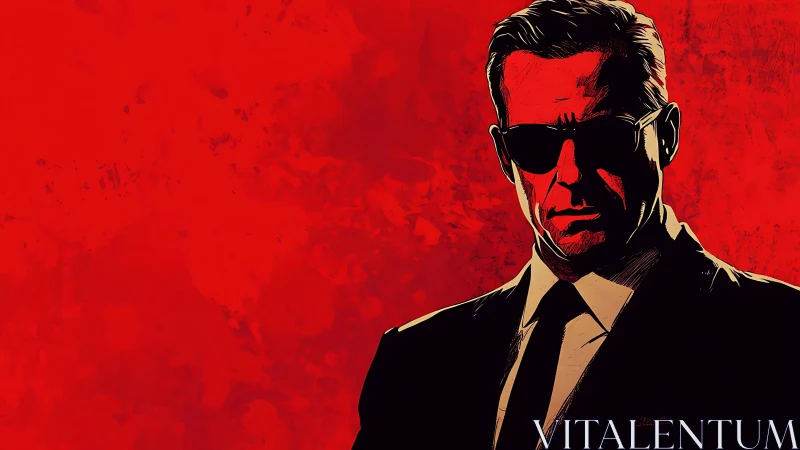Cool suited agent stands bold against a vivid red backdrop