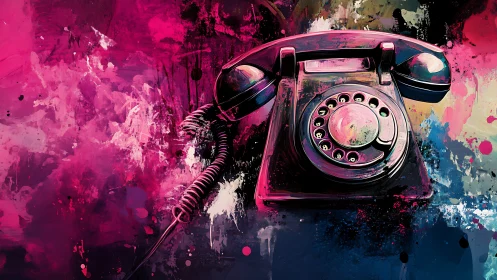 Retro rotary telephone in neon splatter abstraction.