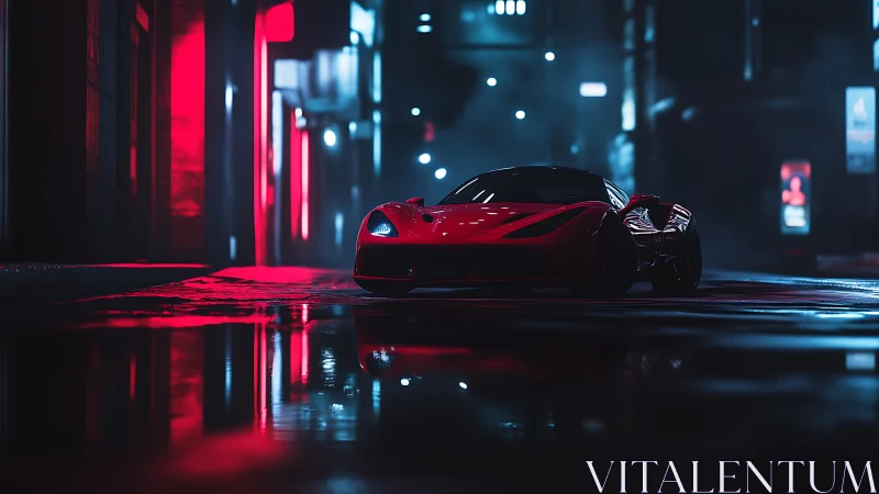 Red supercar parked on wet neon city street at night period