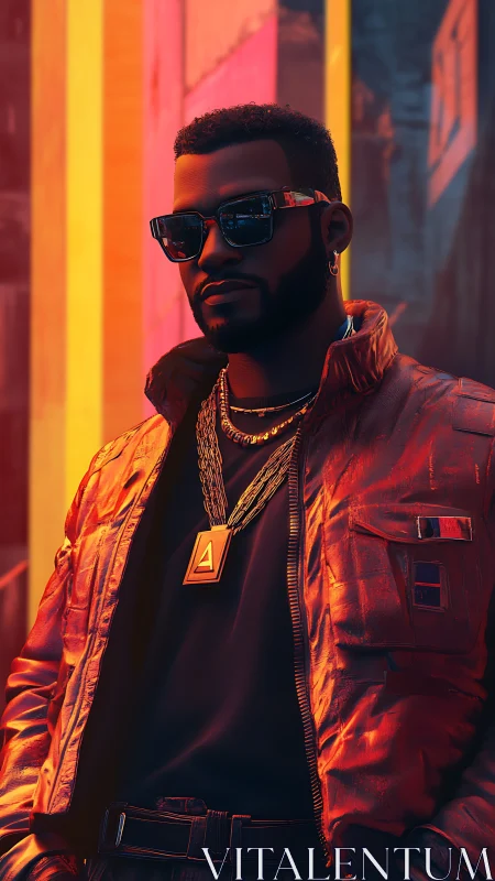 Neon corridor cool: chrome jacket king in sunset glow.