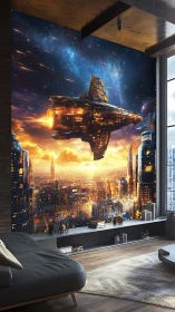 Futuristic wall mural with glowing starship above cityscape.