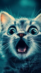 Wide eyed kitten portrait glows in teal cinematic light.