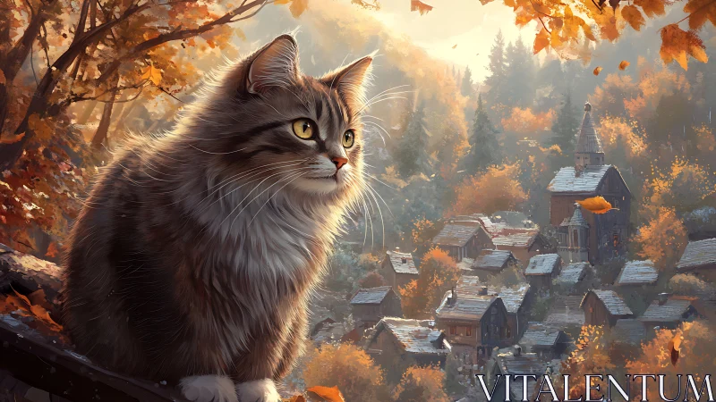 Whisker-Crowned Guardian Surveys Ancient Villages Below Autumn Splendor
