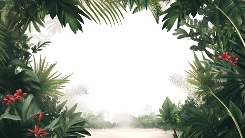 Lush jungle gateway framing misty path of quiet wonder.