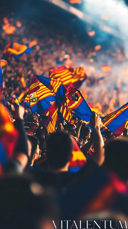 Flag storms rise in a roaring sea of midnight stadium light.