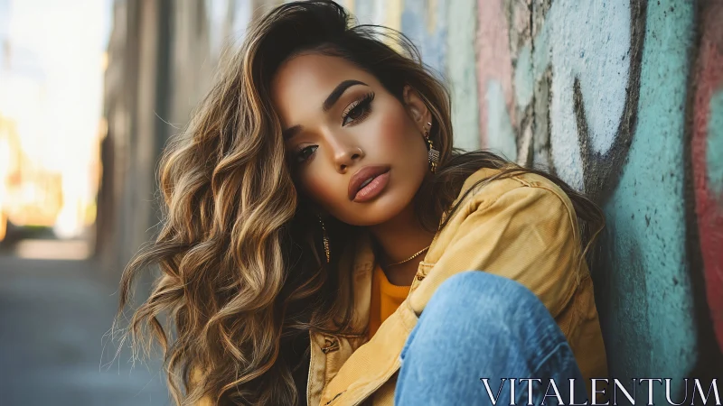 Warm city portrait against colorful graffiti wall.