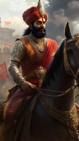 Warrior in ornate red armor rides decorated warhorse calmly