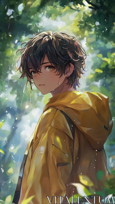 Rain-kissed wanderer in yellow jacket beneath forest glow.