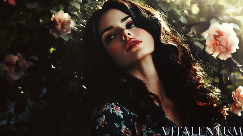 Velvet-haired daydreamer leaning into rose-drenched twilight.