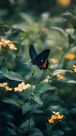 Dark butterfly rests on yellow wildflowers in shallow depth