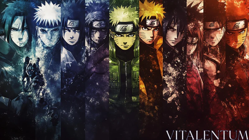 Elemental shards frame evolving ninja faces in blazing rows