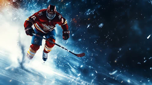 Blazing hockey striker carves sparks through frozen starlight.