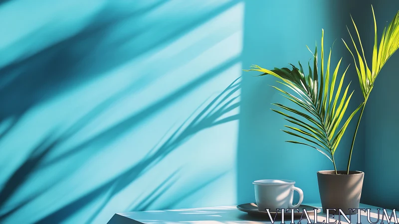 Potted palm and coffee cup on table against blue wall.