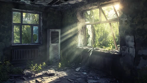 Sunlit rays pierce decayed room through broken windows