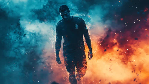 Silhouetted footballer figure stands between blue and orange smoke