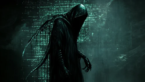 Cyberpunk wraith construct against glitched data field backdrop.