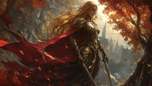 Armored warrior princess stands in autumn battlefield lighting