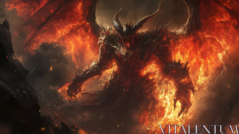 Volcanic infernal titan emerging from incandescent firestorm.