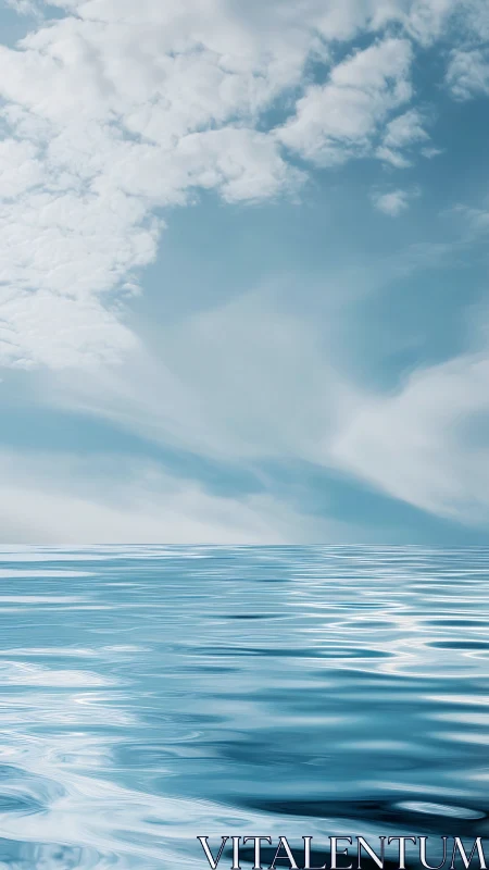 Calm ocean surface reflects diffuse cloud formations in daylight