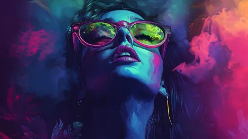 Neon-lit portrait with reflective glasses and vapor clouds.