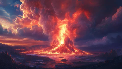 Volcanic eruption over lava field under dense storm clouds.