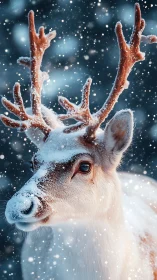 Close-up snow-dusted reindeer portrait with shallow depth-of-field