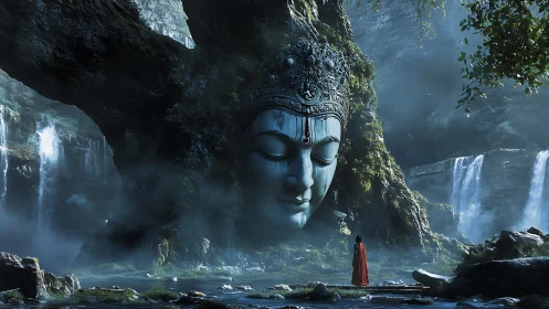 Monumental stone face embedded in forest cliffside scene.