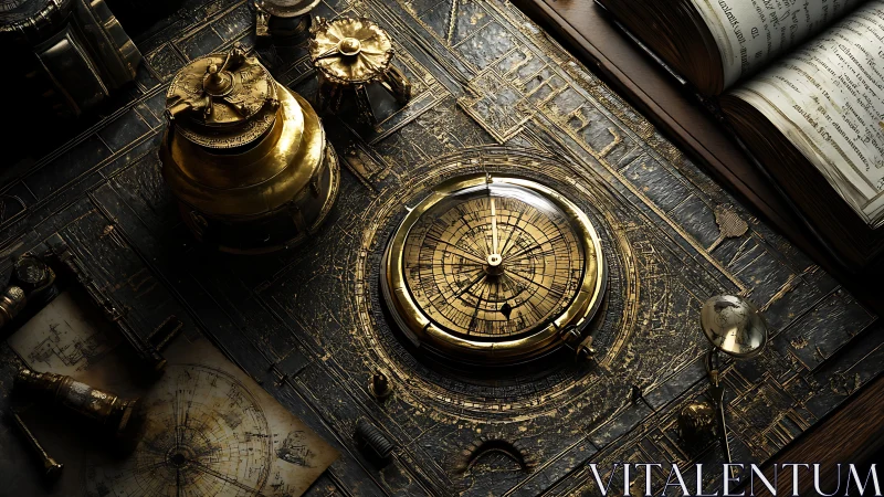 Brass astronomical navigator rests on ornate steampunk desk