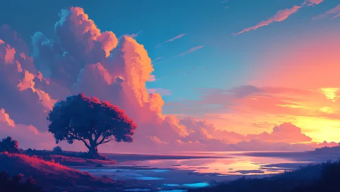 Vibrant sunset landscape with lone tree and calm water.