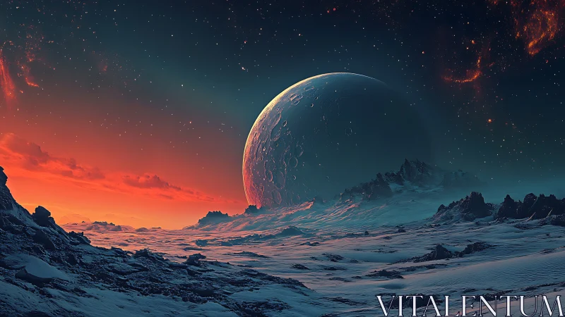 Icy exoplanet horizon with rising cratered moon and nebula glow.