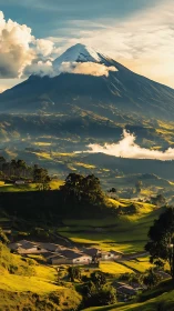 Sunlit village curled beneath a cloud crowned volcano peak.
