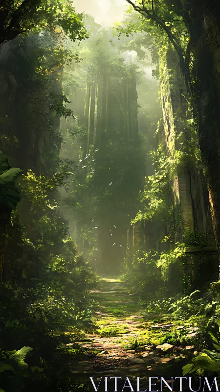 Forest path with canopy light and vegetation coverage
