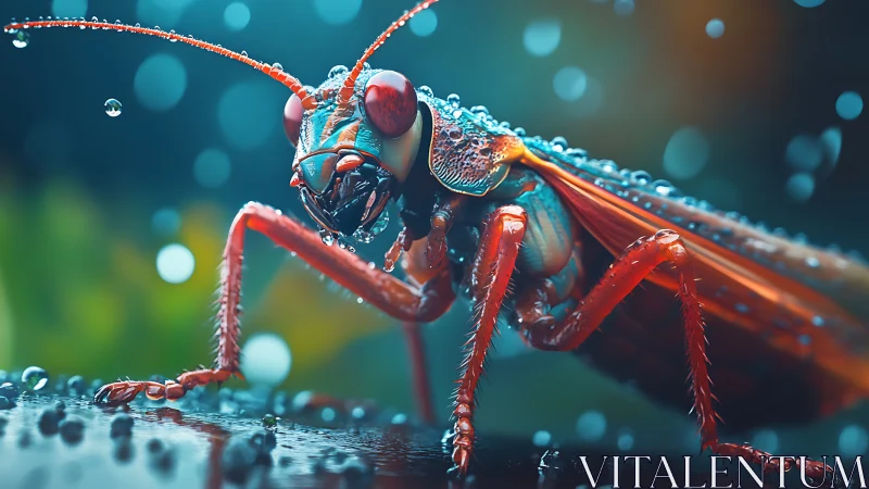 Vibrant cybernetic insect stands in glittering rainstorm