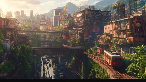 Tropical urban rail corridor through dense graffiti high-rises.