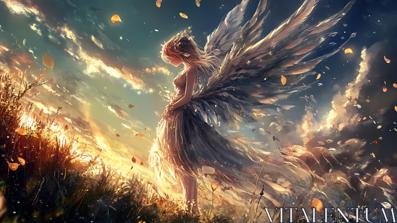 Digital painting of winged girl in luminous sunset field scene.
