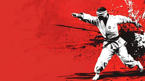 Karate master strikes across bold red splatter field.