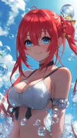 Red haired anime girl in bikini under bright blue sky.