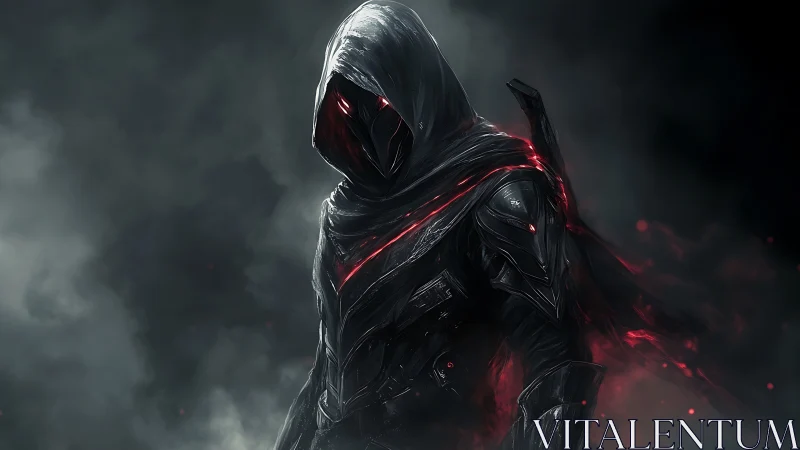 Hooded cyber assassin cloaked in red energy storm.