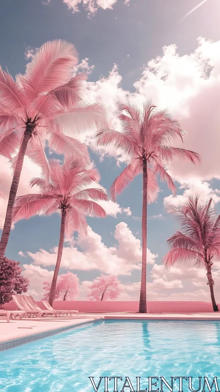 Palm trees and poolside scene in monochrome pink palette.