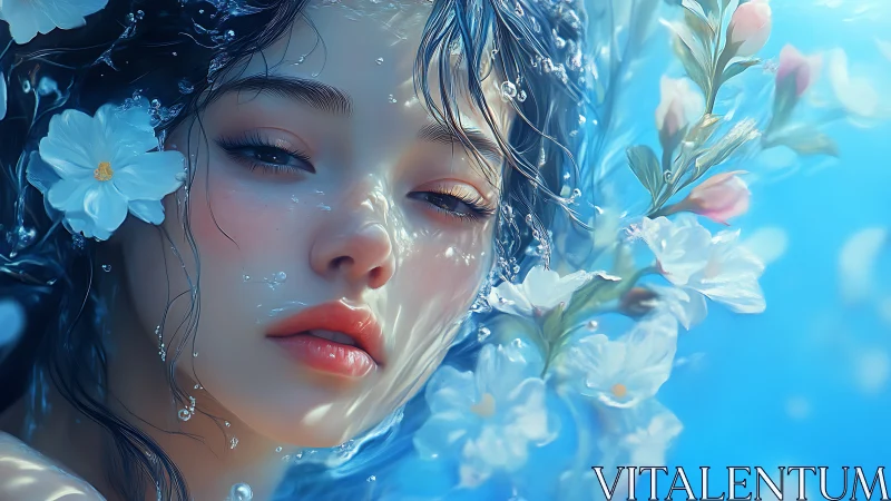 Submerged ethereal portrait with floral bokeh and aqua light