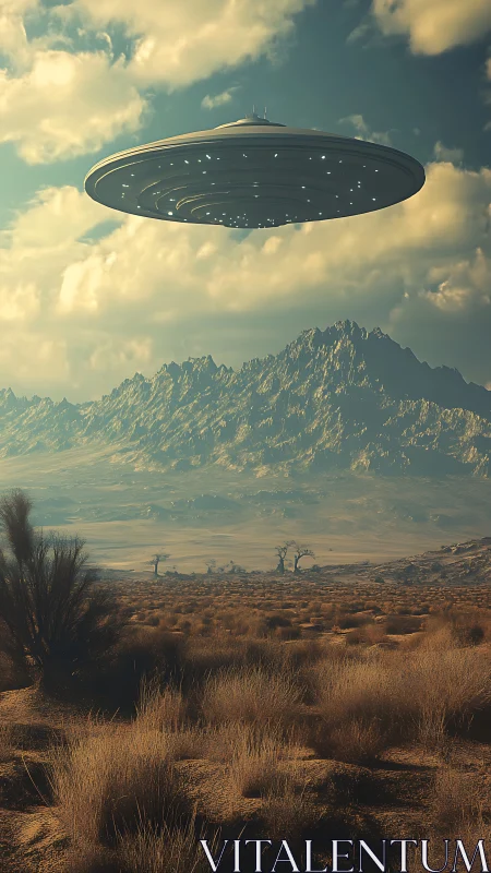Elliptical UFO hovers over arid mountain basin with cinematic lighting