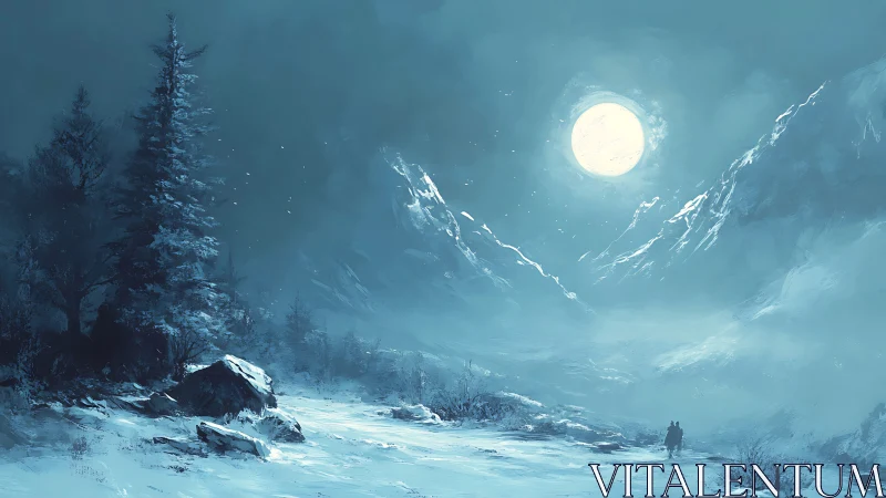 Moonlit winter pass with a lone traveler and quiet pines.